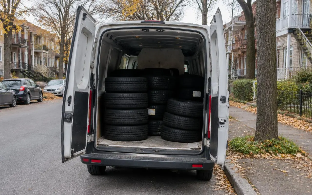 Chargement de pneus pour la livraison